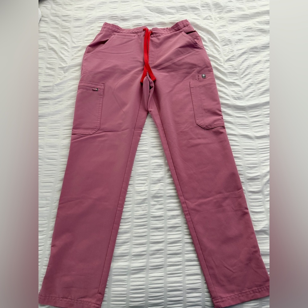 Figs Pink Scrub Pants with Red Drawstring